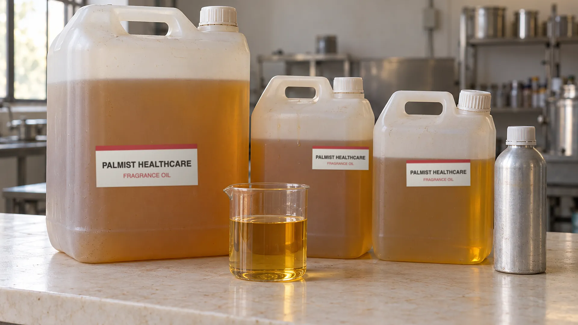 Bulk fragrance oil in 5 kg and 25 kg cans, a 1 kg aluminium bottle and a beaker of perfume oil