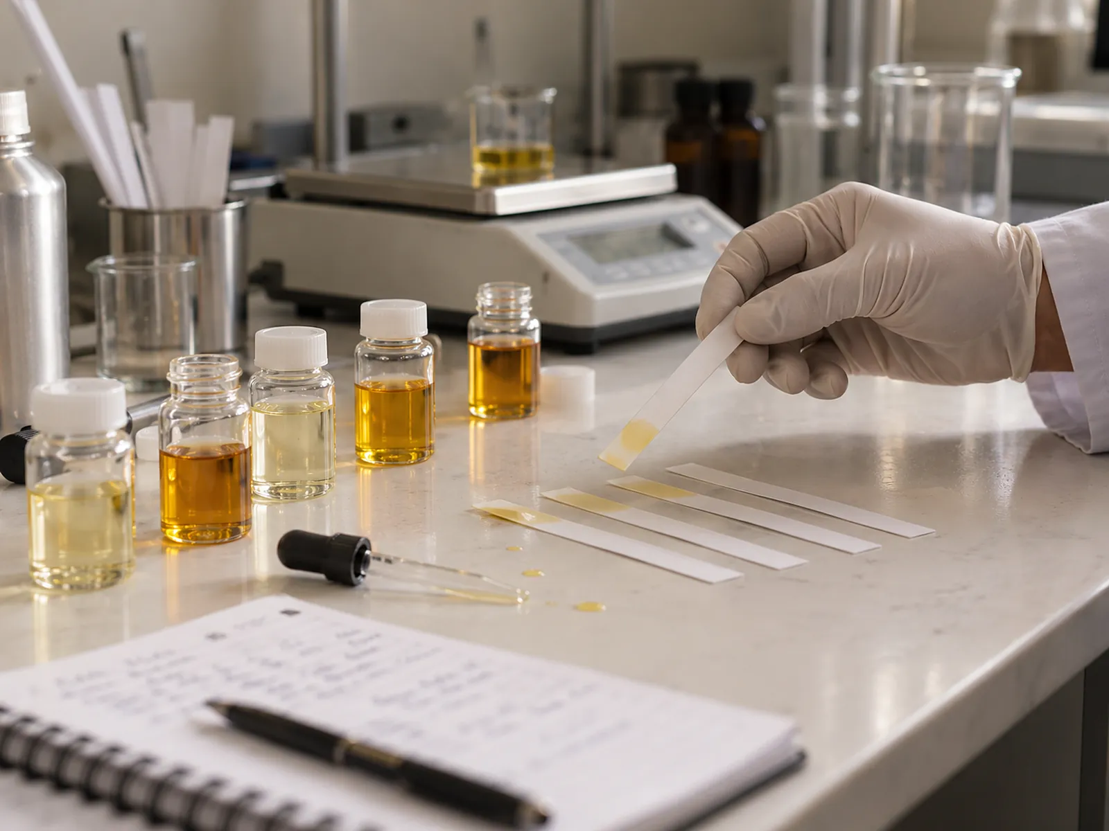 Fragrance oil samples and smelling strips on a lab bench