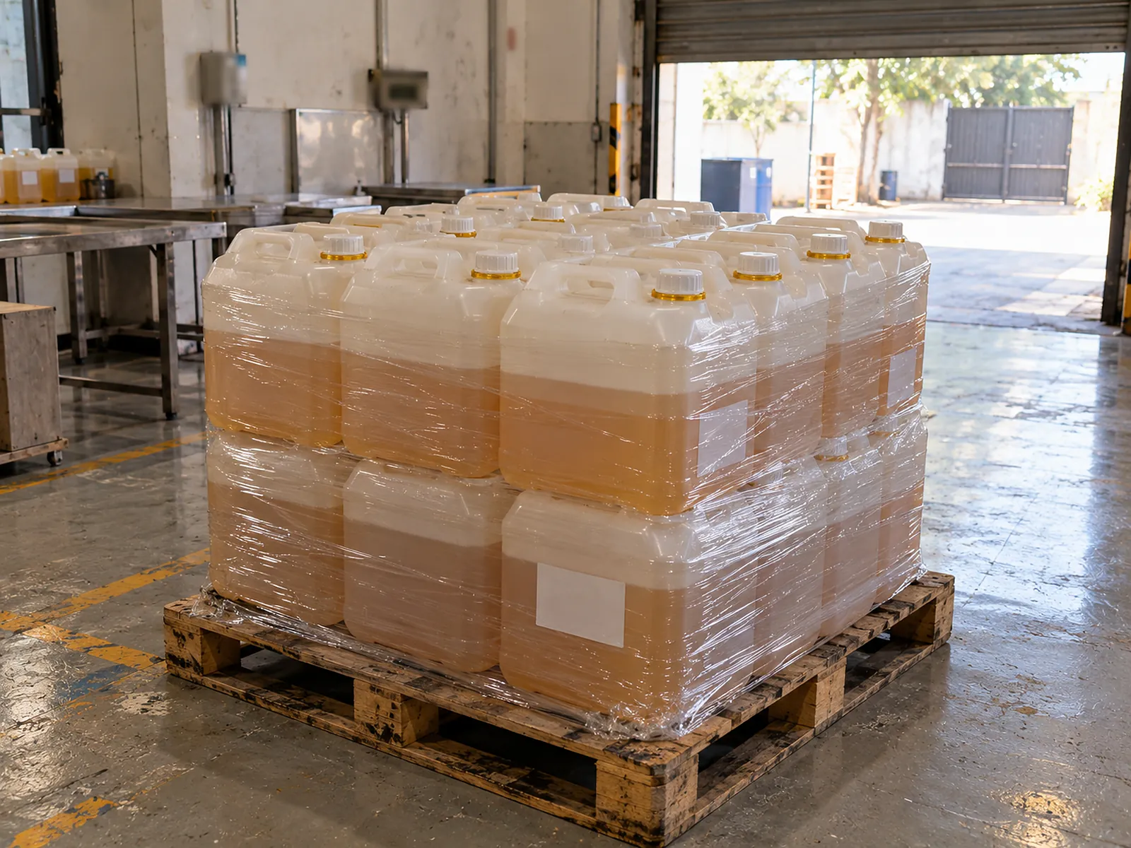 Sealed 25 kg fragrance oil cans shrink-wrapped on a pallet